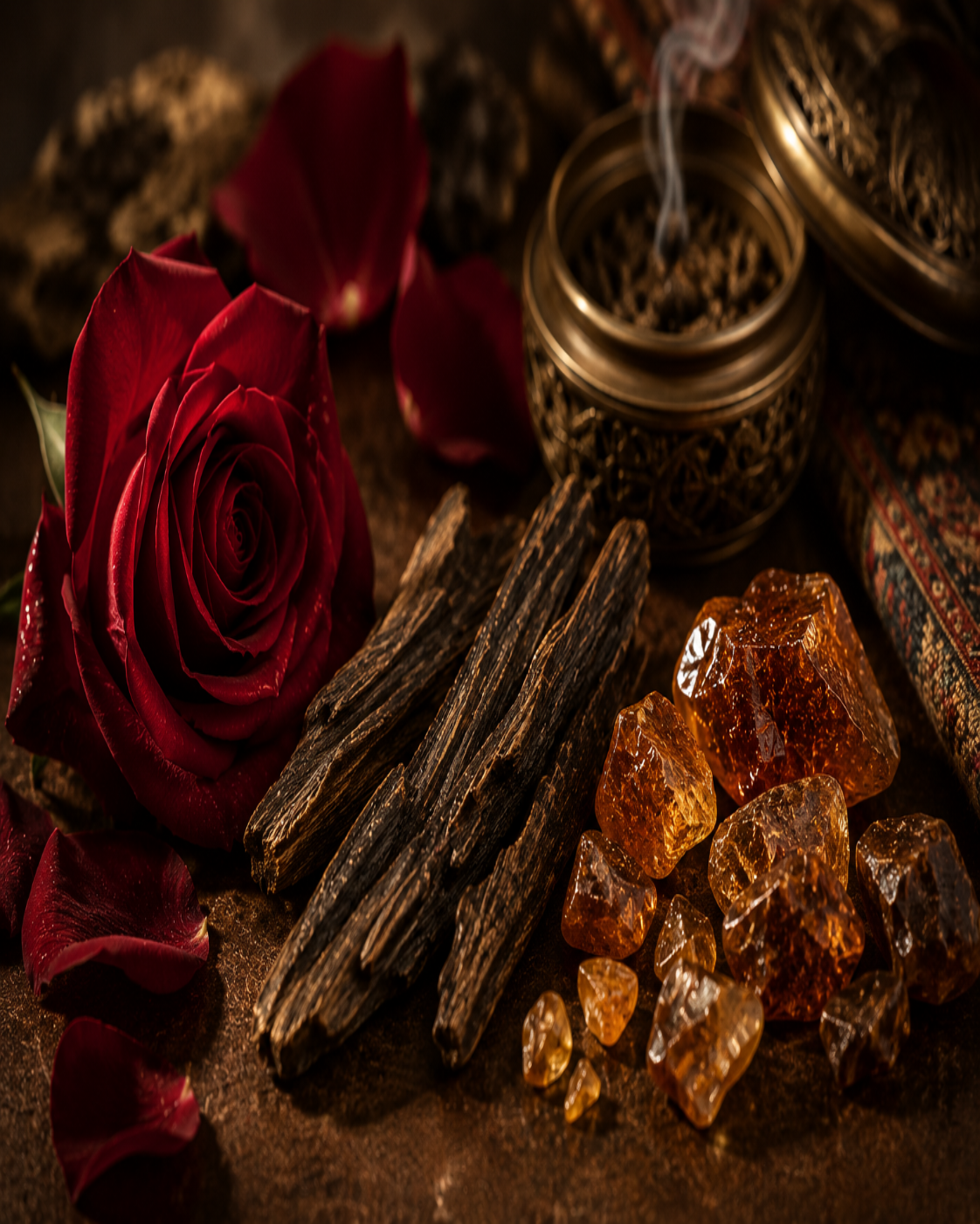 Rose, oud wood and amber fragrance ingredients for Seher Ottoman Nights candle
