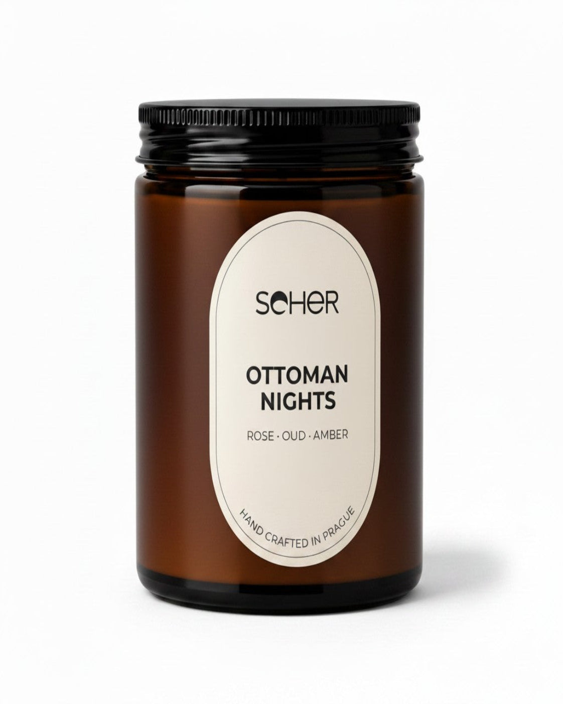 Lit Seher Ottoman Nights candle in a warm luxury living room setting