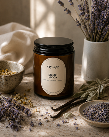 Lit Seher Silent Moon candle in a calm relaxing bedroom setting
