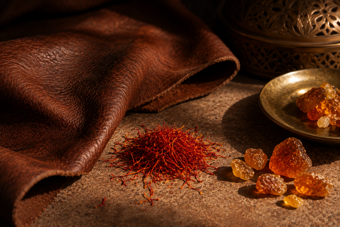 Seher Leather of Marrakech luxury scented candle in an amber glass jar inspired by the rich leather souks of Marrakech.
