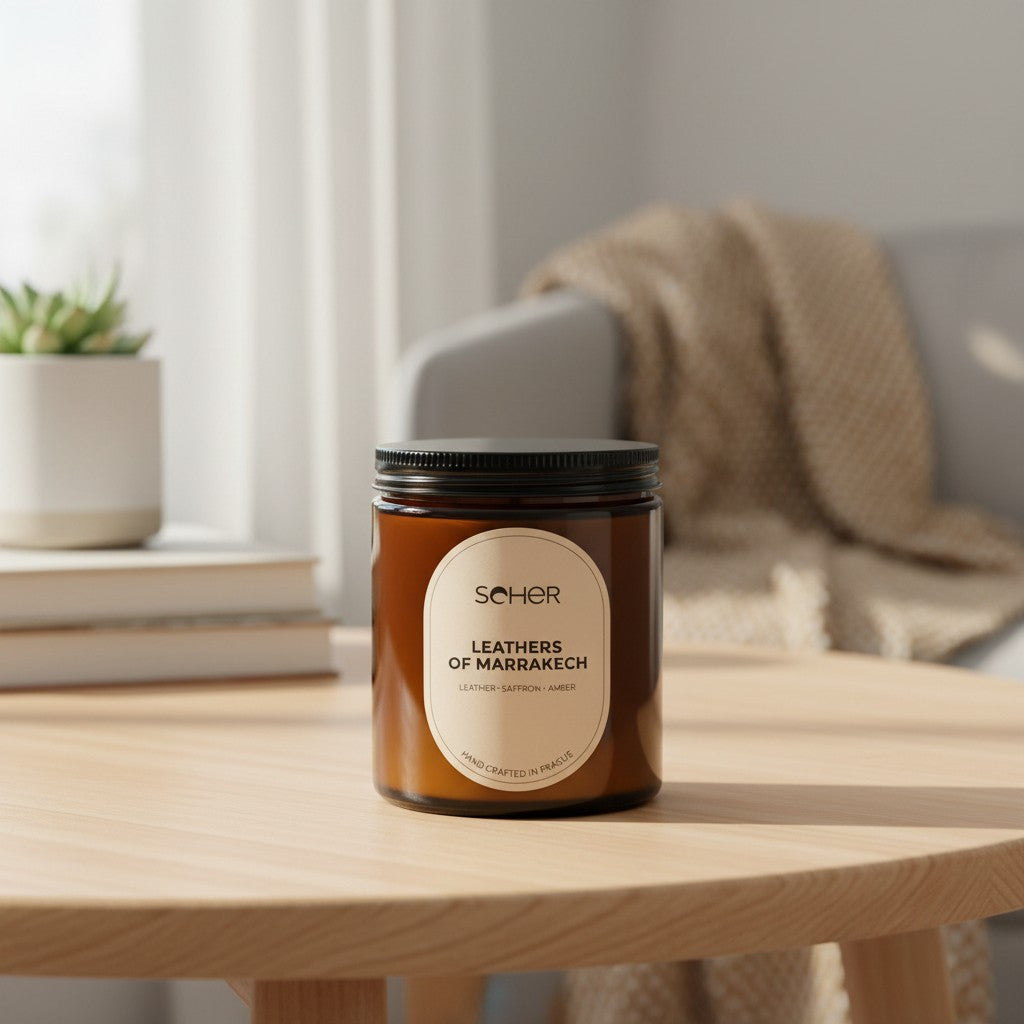 Seher Leather of Marrakech candle styled with saffron and leather accents