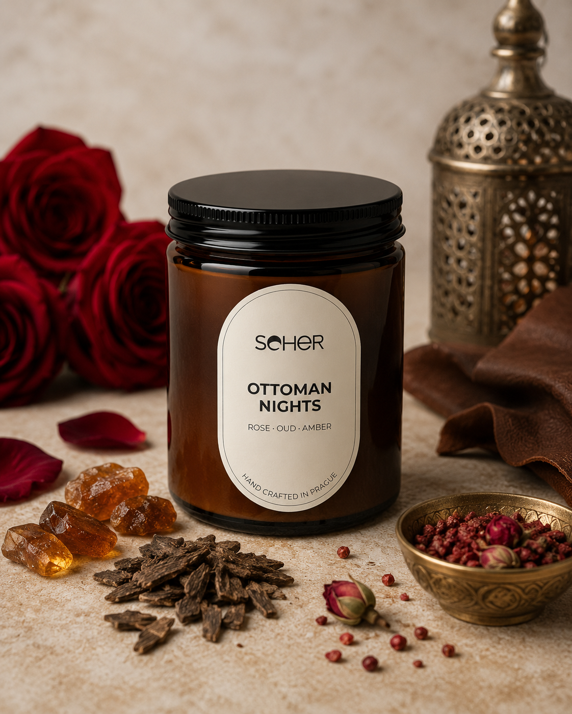Seher Ottoman Nights luxury candle with rose, oud and amber fragrance notes on white background