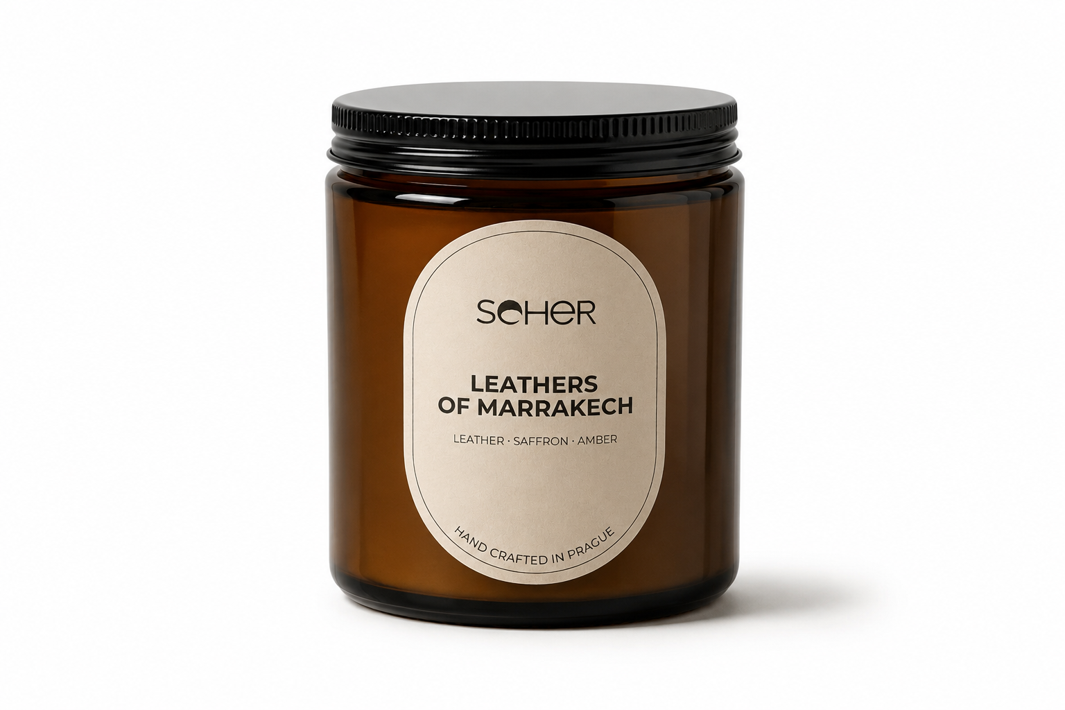 Leather of Marrakech scented candle burning with warm leather, cedarwood and amber fragrance by Seher.