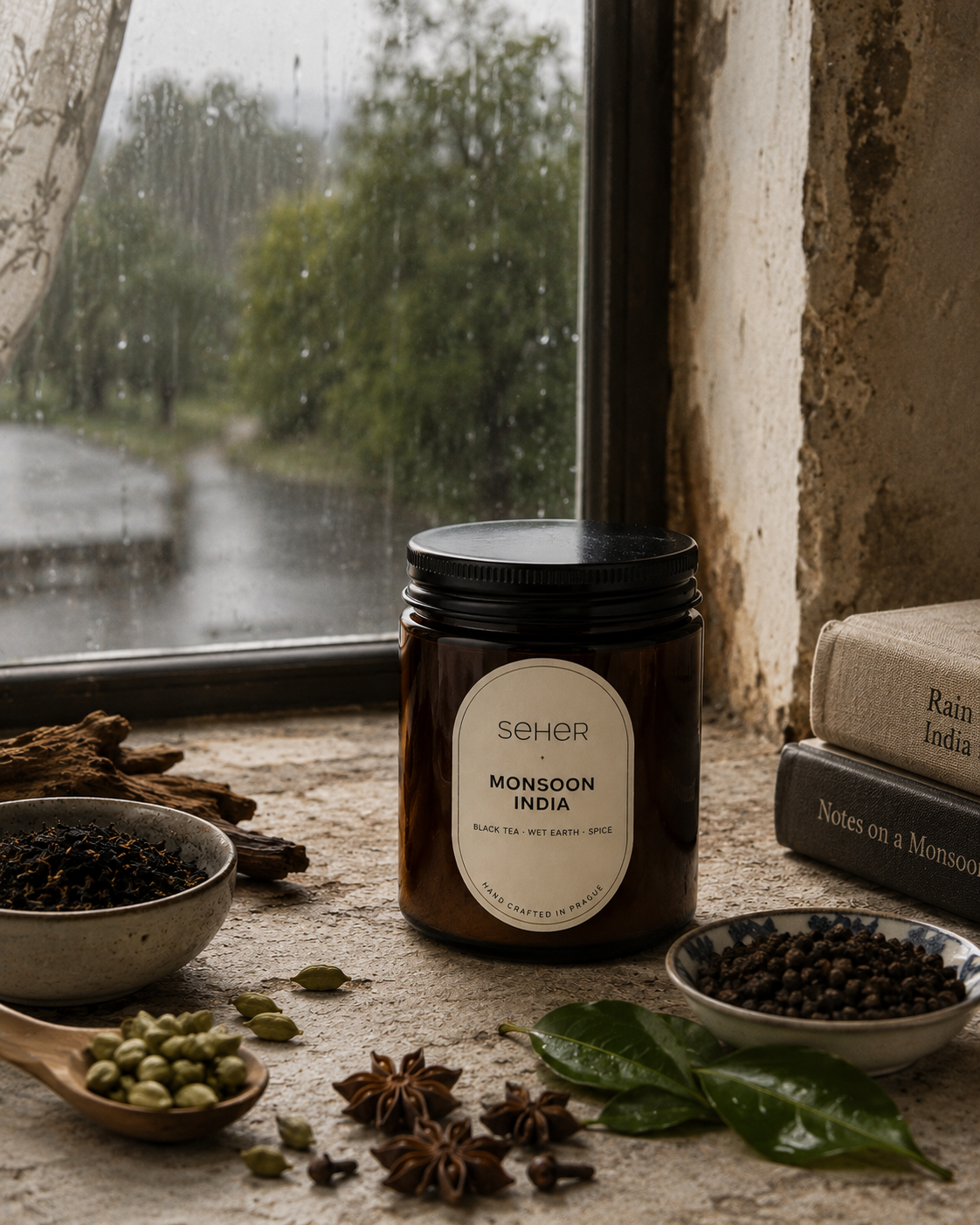 Front view of Seher Monsoon India premium scented candle featuring an amber glass jar and minimalist label.