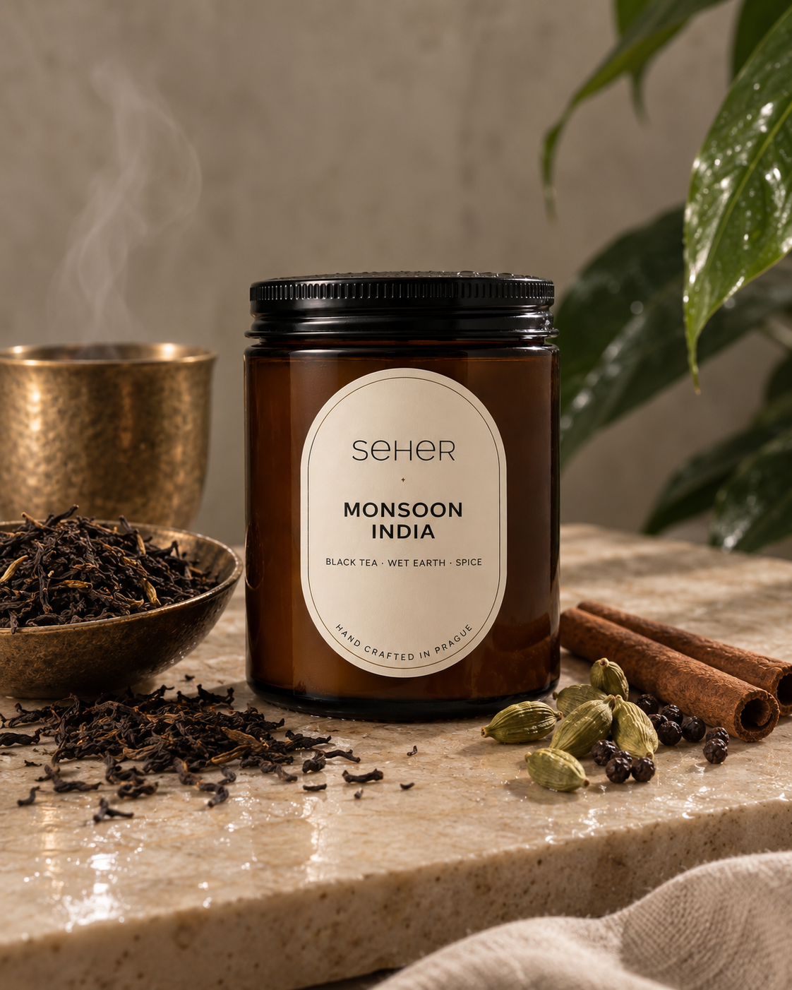 Seher Monsoon India luxury candle styled in an elegant interior inspired by the atmosphere of the Indian monsoon and timeless craftsmanship.