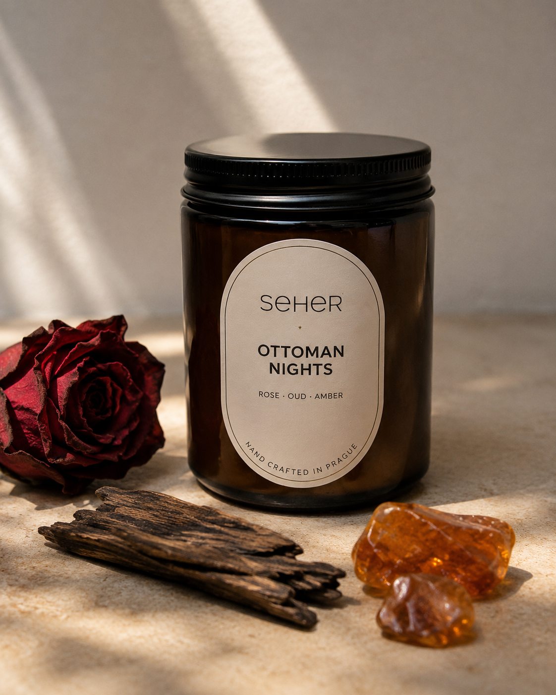 Seher Ottoman Nights luxury candle styled in an elegant interior inspired by Ottoman heritage and timeless craftsmanship.