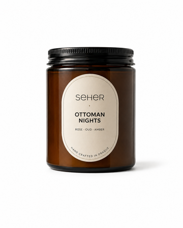 Seher Ottoman Nights luxury scented candle in an amber glass jar inspired by the elegance of the Ottoman Empire with rose, oud and amber notes.