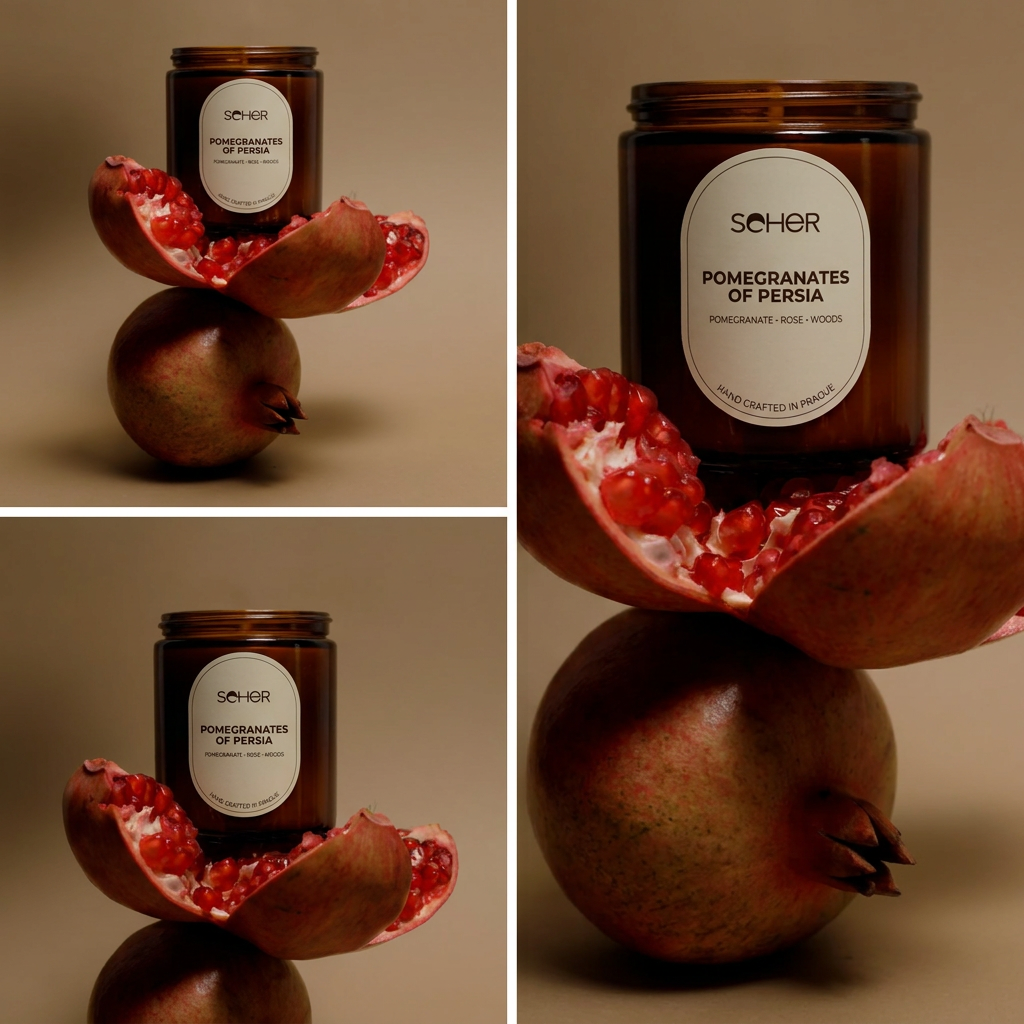 Burning Seher Pomegranates of Persia candle made from premium coconut and rapeseed wax.