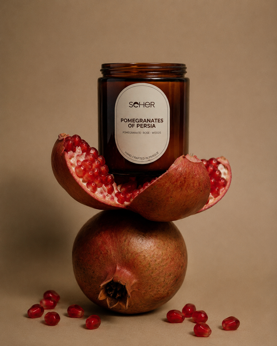 Seher Pomegranates of Persia luxury scented candle in amber glass handcrafted in Prague.